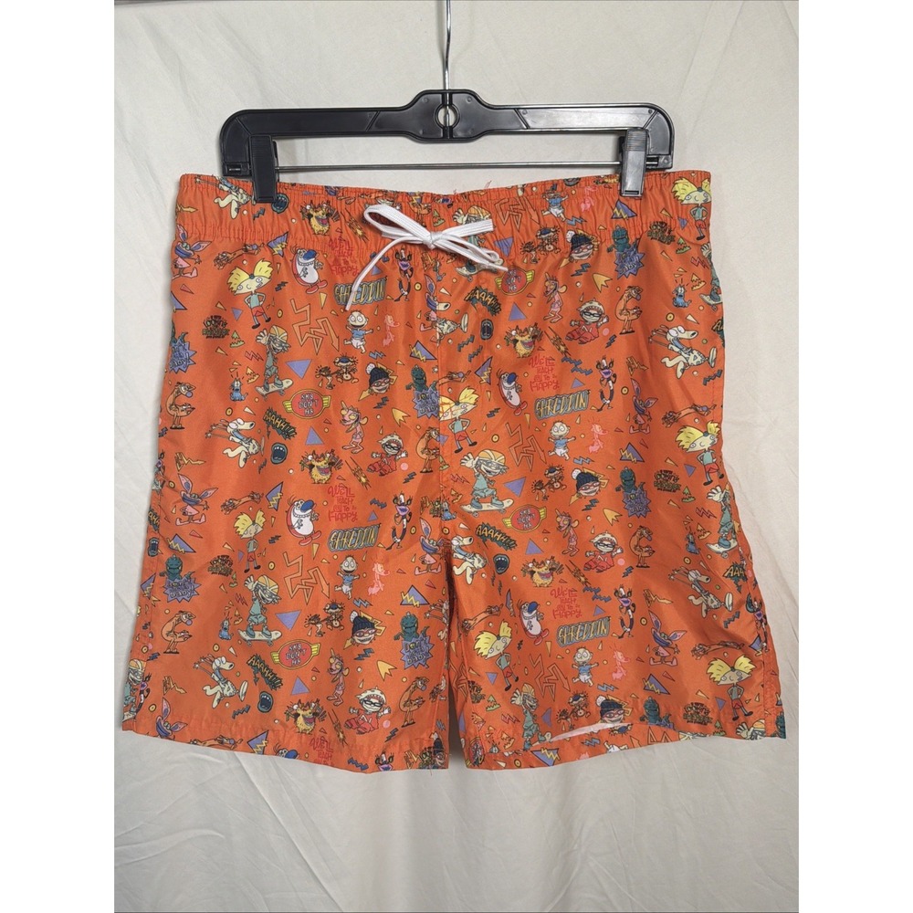 Nickelodeon Y2K Swim Trunks Men's Large Orange Cartoon Print‎ Board Shorts